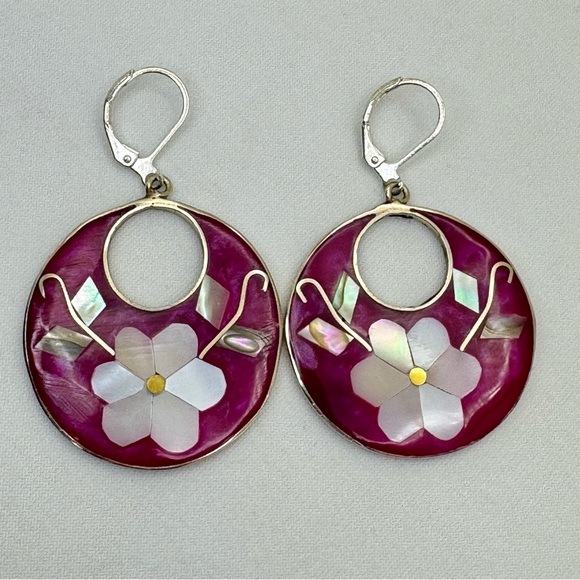 Taxco Jewelry - Vintage Taxco Mexico Silver Mother of Pearl Abalone Pink Flower Dangle Earrings